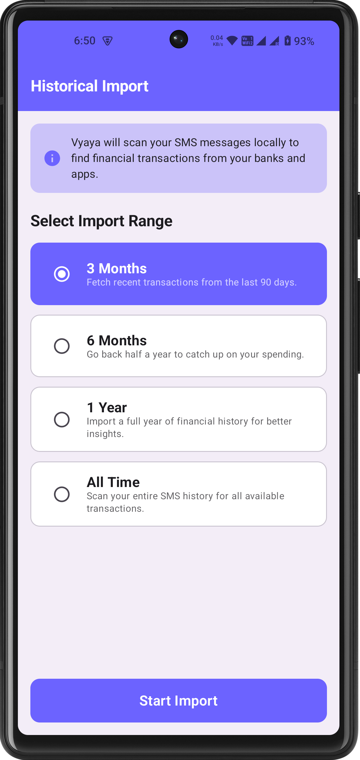 Vyaya Historical SMS Import